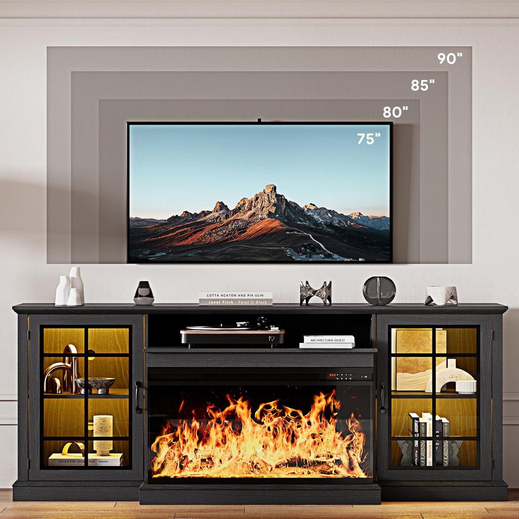 80'' Fireplace TV Stand, Farmhouse Entertainment Center with 3 Sided Glass TV Stand, Modern Media Console Table with