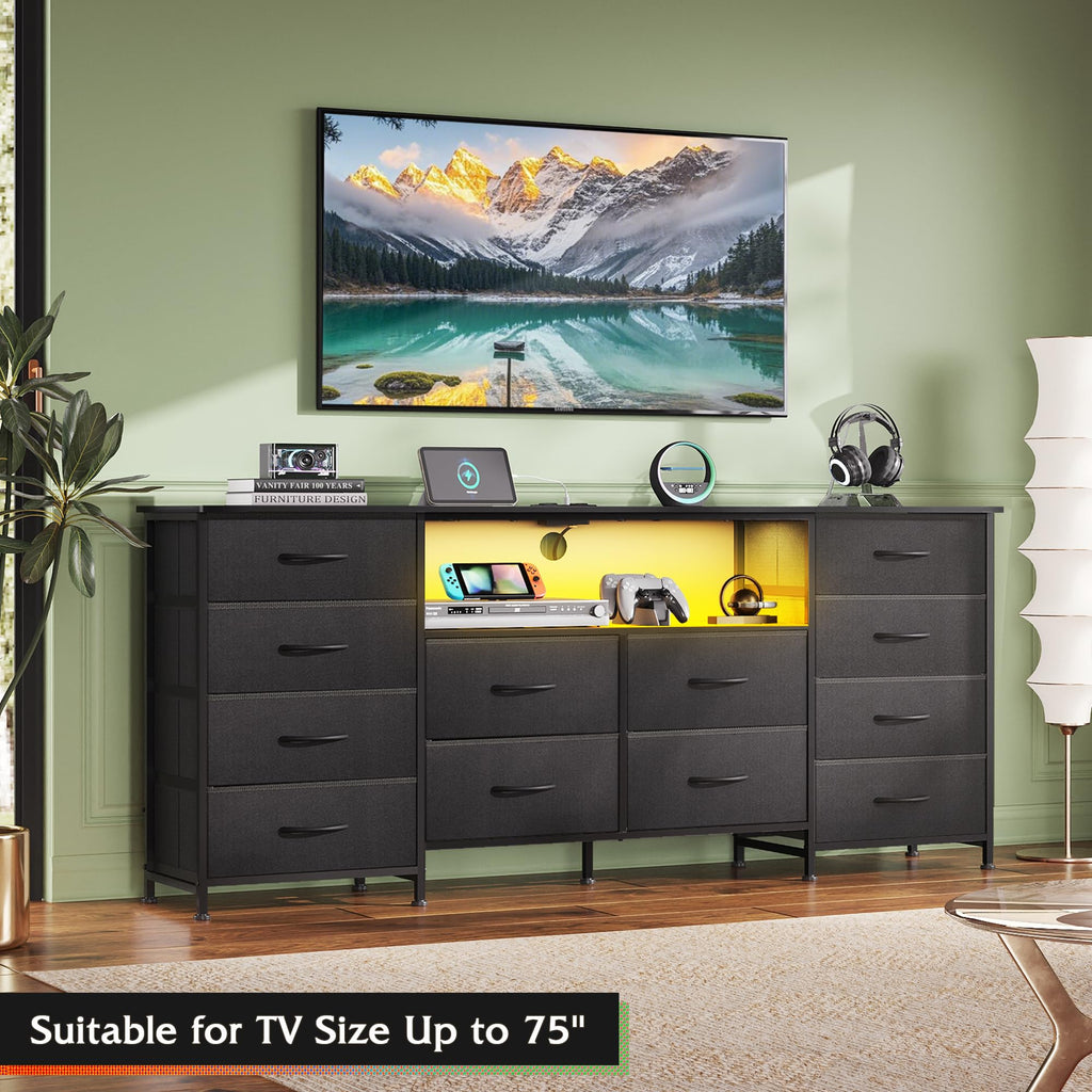 LED Fabric Dresser TV Stand for 75 Inch TV, 12 Drawers, Black Dresser