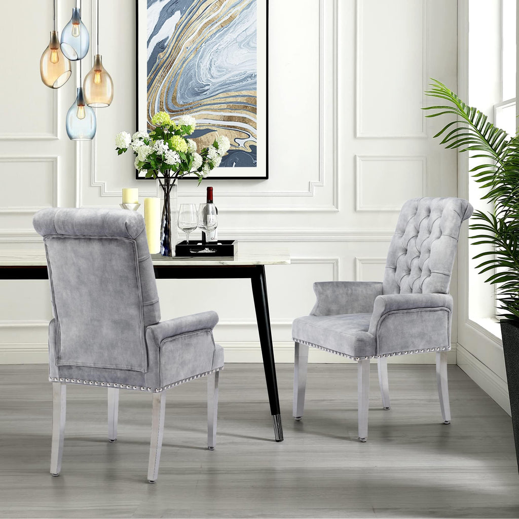 Velvet Dining Chairs with Arms, Upholstered Dining Room Chairs, Grey