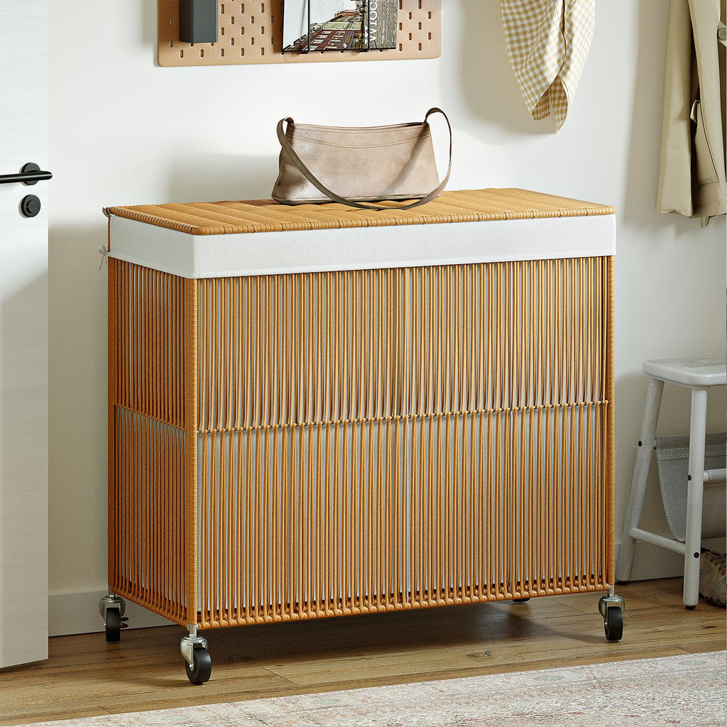 Laundry Basket 3 Section, Handwoven Laundry Hamper with Wheels