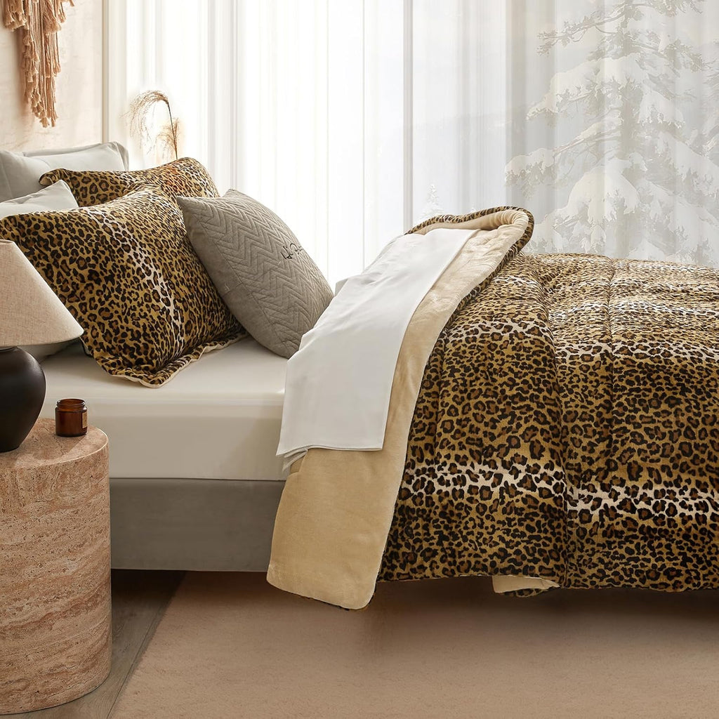 Petrichor Leopard Velvet Flannel King Comforter Set-Cheetah Print Western Blanket,Luxury Fuzzy Heavy Bedding Set,3