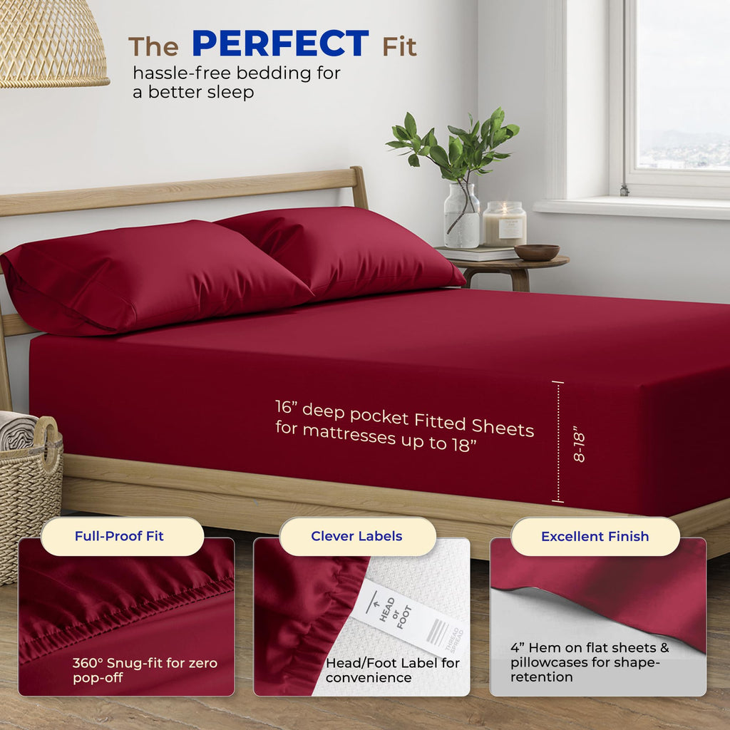 Egyptian Cotton Sheets King Size - Luxury 600 Series King Size Sheets Set (4 PC, Burgundy), 16" Deep Pocket All