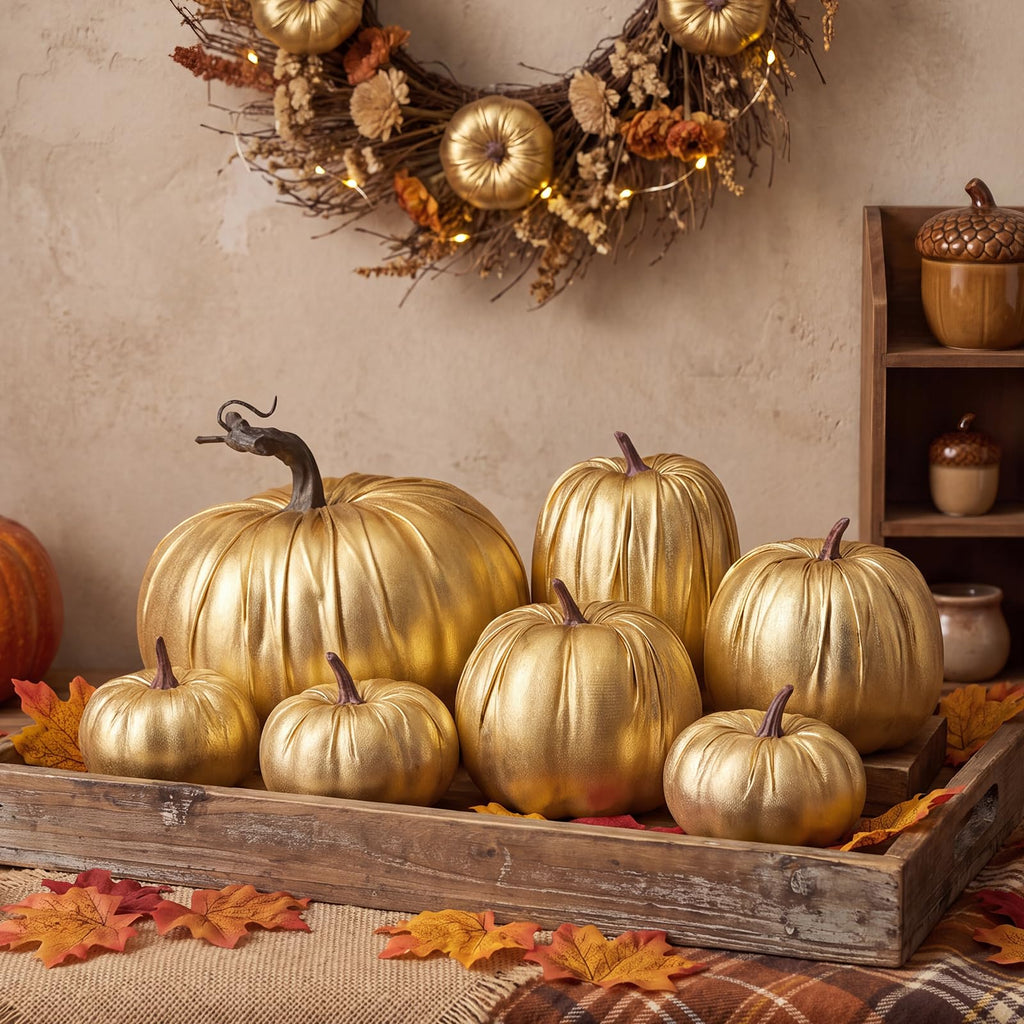 8 Pcs Fake Gold Leather Pumpkins Artificial Pumpkin Decoration