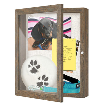8x10 Deep Shadow Box Frame, Wooden Display Case w. Linen Board & Tempered Glass Door - Brown Woodgrain - Small - Wall