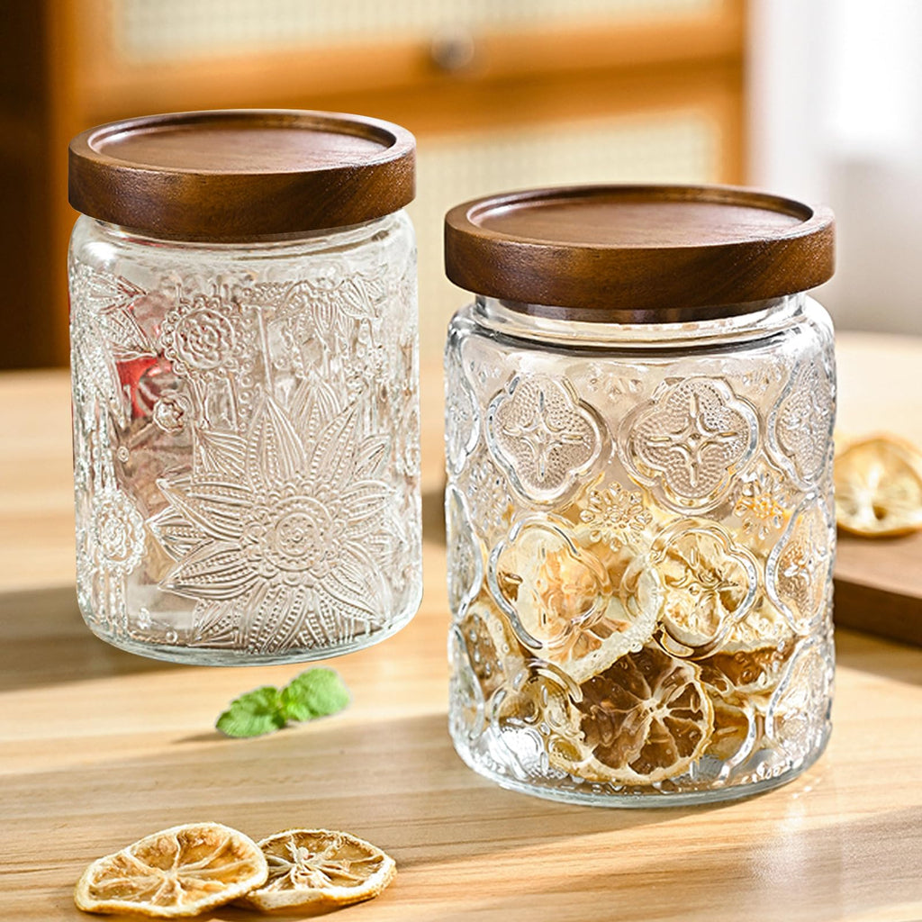 24 OZ/2 PCS Glass Storage Jar with Airtight Bamboo Wooden Lids, Vintage Food Containers Canisters Sets Counter