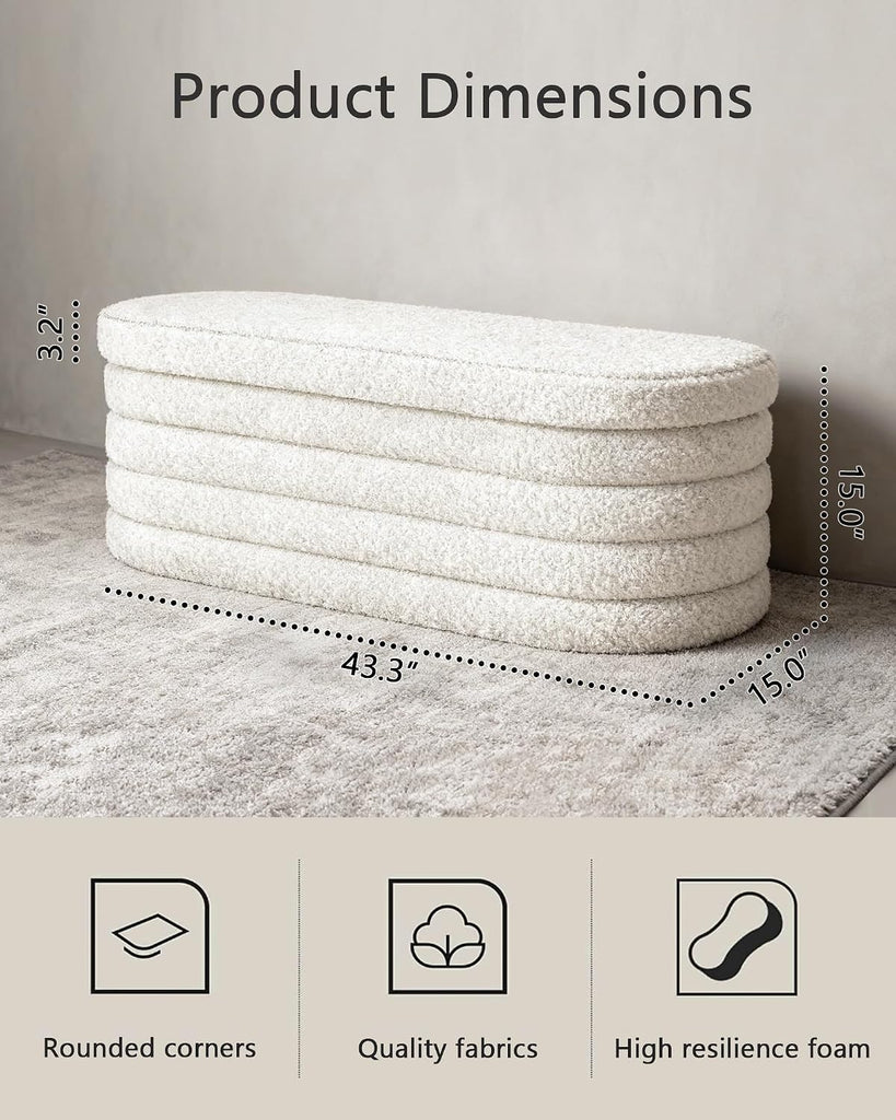 Storage Ottoman Bench, 43" Entryway Shoe Seat, Sherpa White | Upholstered Oval Ottoman with Storage, End of Bed Stool