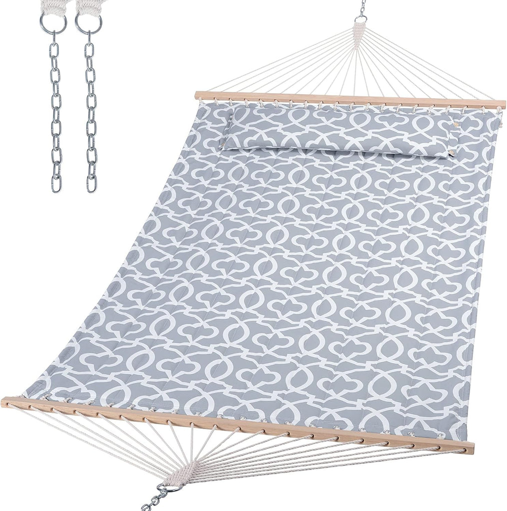 Double Quilted Hammock with Hardwood Spreader Bar, Grey Pattern | Heavy Duty 2 Person Hammock with Extra Large Soft