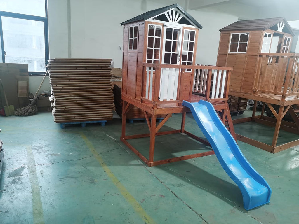 Kids Playhouse with Slide, Climbing Wall, Door & Windows, Outdoor | Outdoor wooden kids playhouse with slide climbing