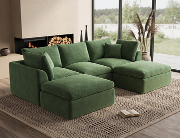 110" Cloud Sectional Couches, Boneless U Shaped Couch with Ottoman, 3 Seater Modular Sectional Sofa, Green