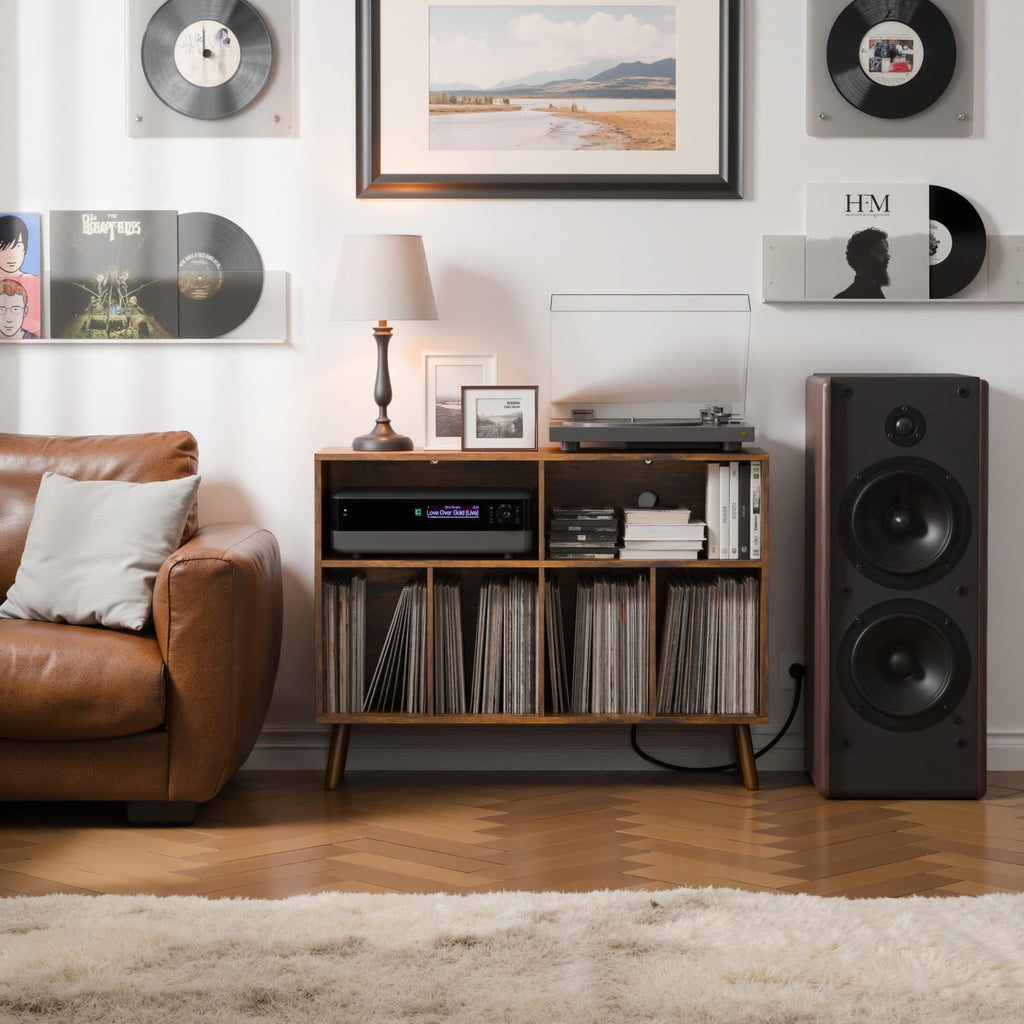 Record Player Stand with Vinyl Storage Cabinet, Wood Turntable Table Open Shelf Holder Up to 350 Albums Cube Storage