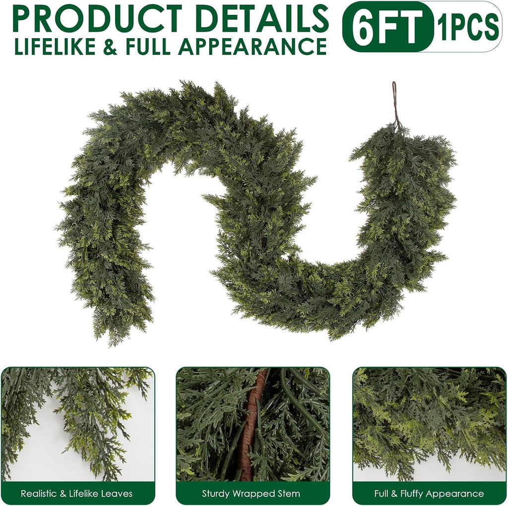 6FT Artificial Cedar Garlands, Real Touch Soft Cedar Pine Garland, Winter Artificial Greenery Garland for Fireplace