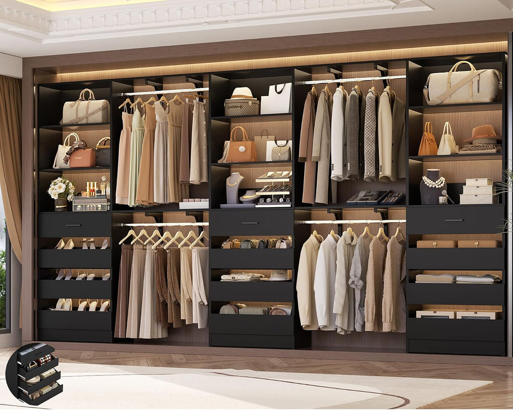 Closet System with 12 Drawers, 138.5" Wood Closet Organizer System with 4 Hanging Rods & Top Shelves, 6.7+4.85Ft L