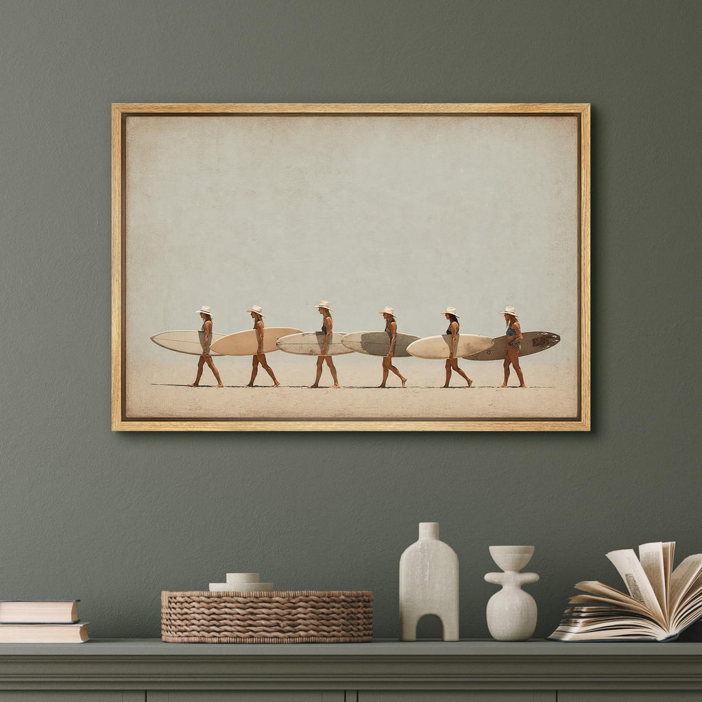 Framed Canvas Wall Art Boho Beach Wall Art, Women with Surfboards Illustrations Abstract Contemporary Relax/Calm