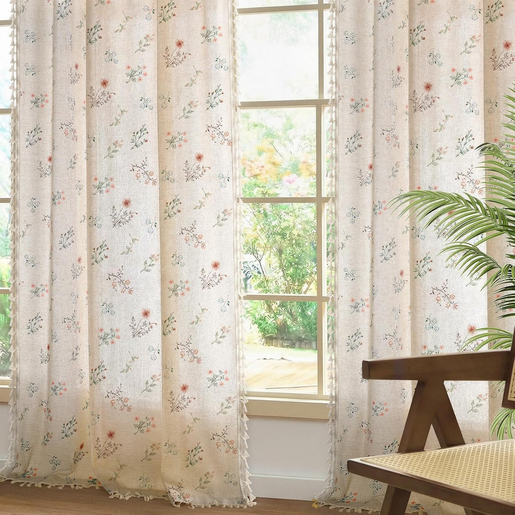 Boho Floral Spring Semi Sheer Curtains 84 Inch Length 2 Panels Set, Linen Texture Farmhouse Light Filtering Curtains