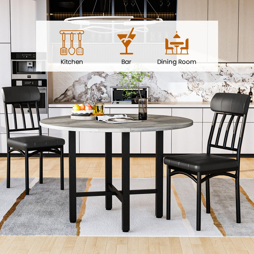 Round Dining Table Set for 4, Wood Table, with 4 Leather Chair, Grey
