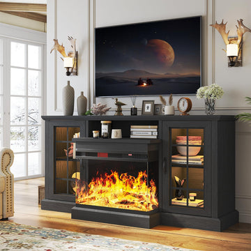 59" Fireplace TV Stand with 3-Sided Glass, TV Cabinet for TVs up to 65", Modern Media Entertainment Center with