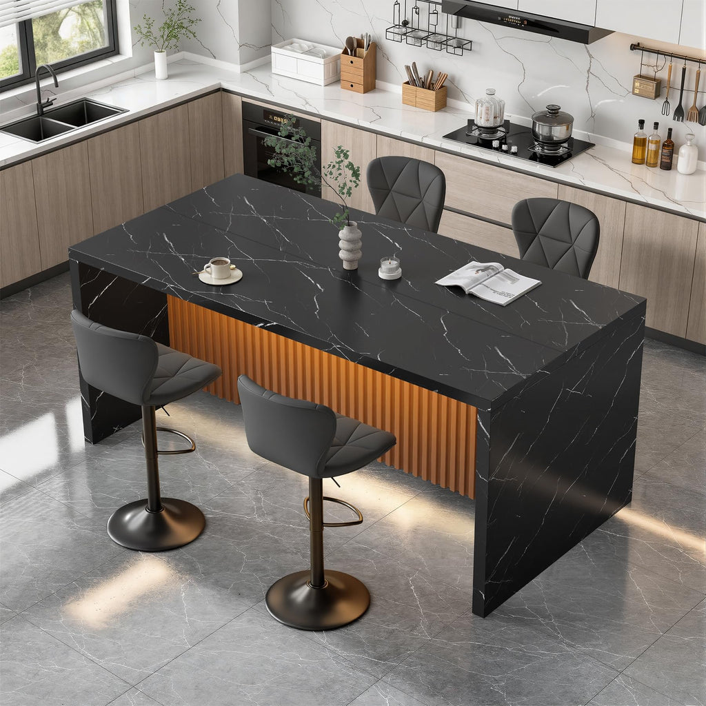67" Kitchen Island Table Set with 4 Bar Stools, Faux Marble Top Island Table, Counter Height Dining Table Set