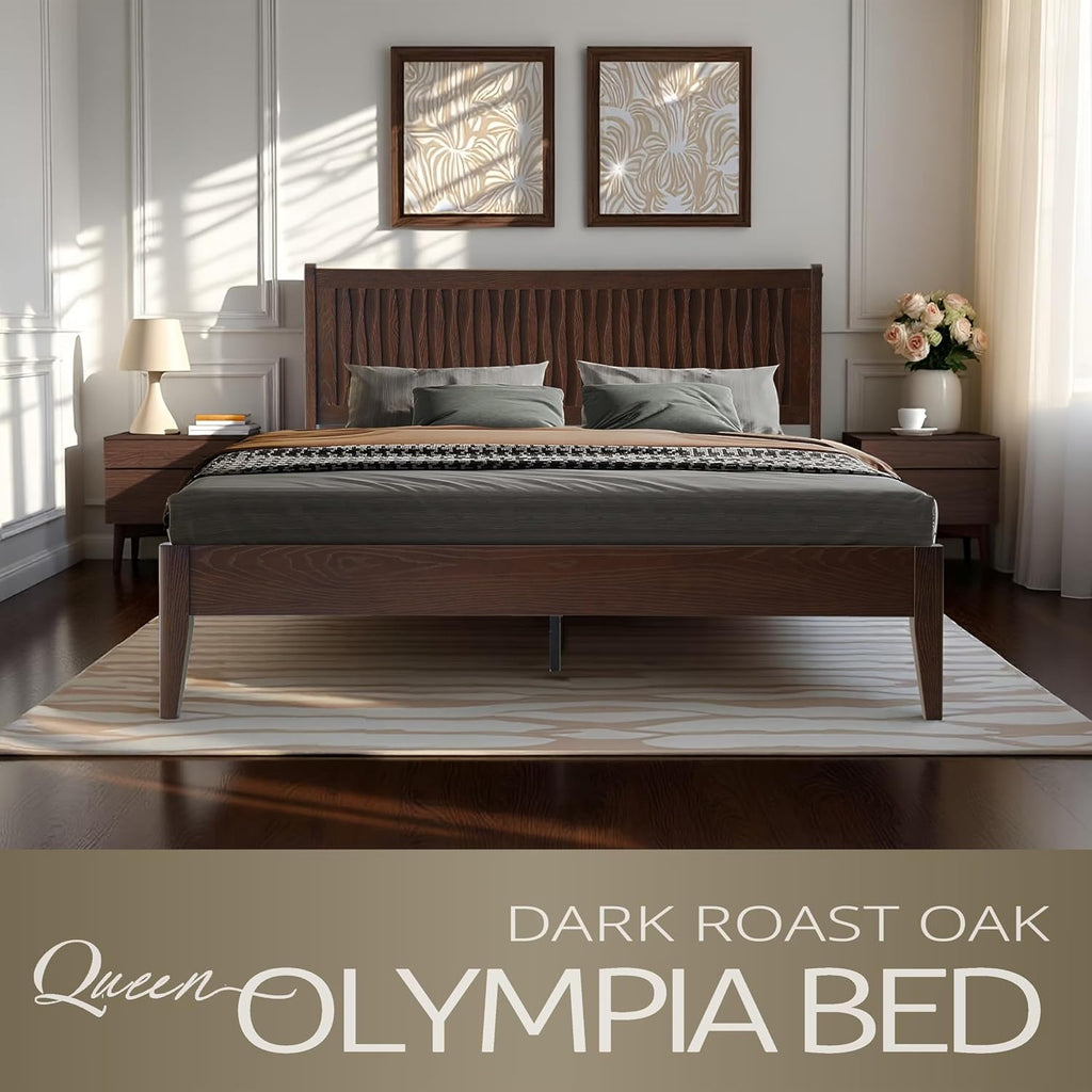 Queen Size Bed Frame with Headboard & Footboard, Solid Wood Platform Bed, Central Metal Legs, 12 Sturdy Slats, Under