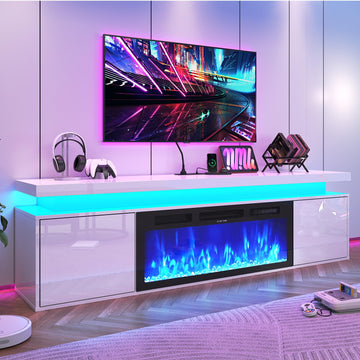 70" Floating w/ 36" Fireplace Up to 80" TVs, High Gloss LED Fireplaces TV Stand Entertainment Center for 70/75+/80