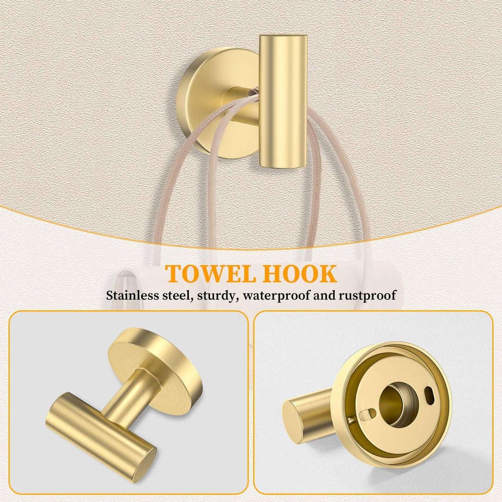 Brushed Gold Bathroom Hardware Set 6-Pieces Towel Bar Set Stainless Steel Bathroom Accessory Set 23.6 Inch Wall