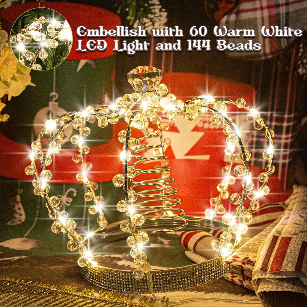 Christmas Tree Topper Star, Jeweled Crown with 60 Warm White LED USB Lighted Tree Topper, Xmas Tree Decor with Remote