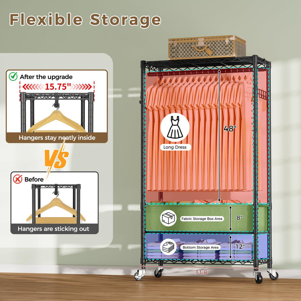 Heavy Duty Rolling Clothes Rack Wheels Portable Metal Garment Rack