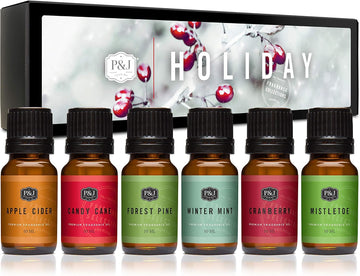 P&J Fragrance Oil Holiday Set for Christmas Home Decor | Mistletoe, Candy Cane, Wintermint, Apple Cider, Cranberry - Set of 6
