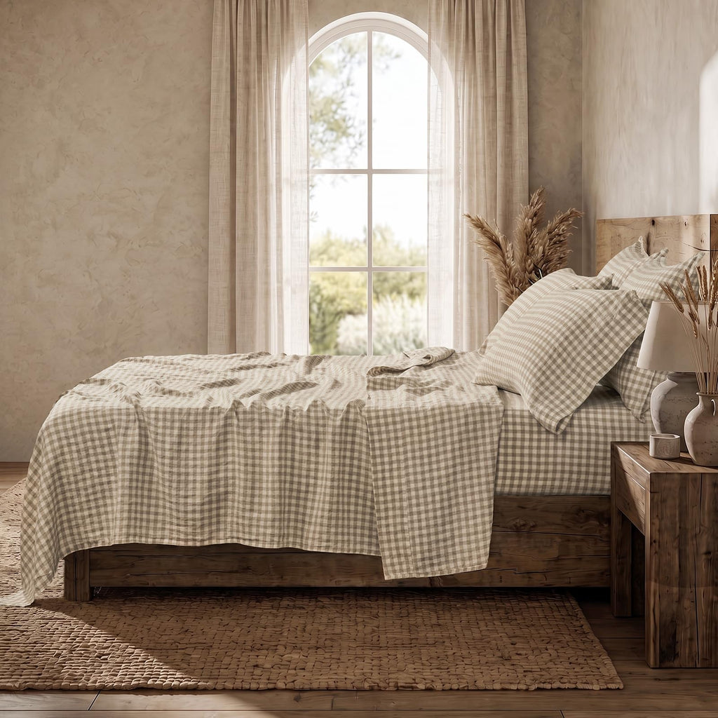 100% European Flax Linen Sheet Set, Natural Gingham