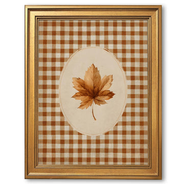 Gold Framed Autumn Leaf Canvas Wall Art Print Gingham Fall Botanical Painting Rustic Cottagecore Farmhouse Picture