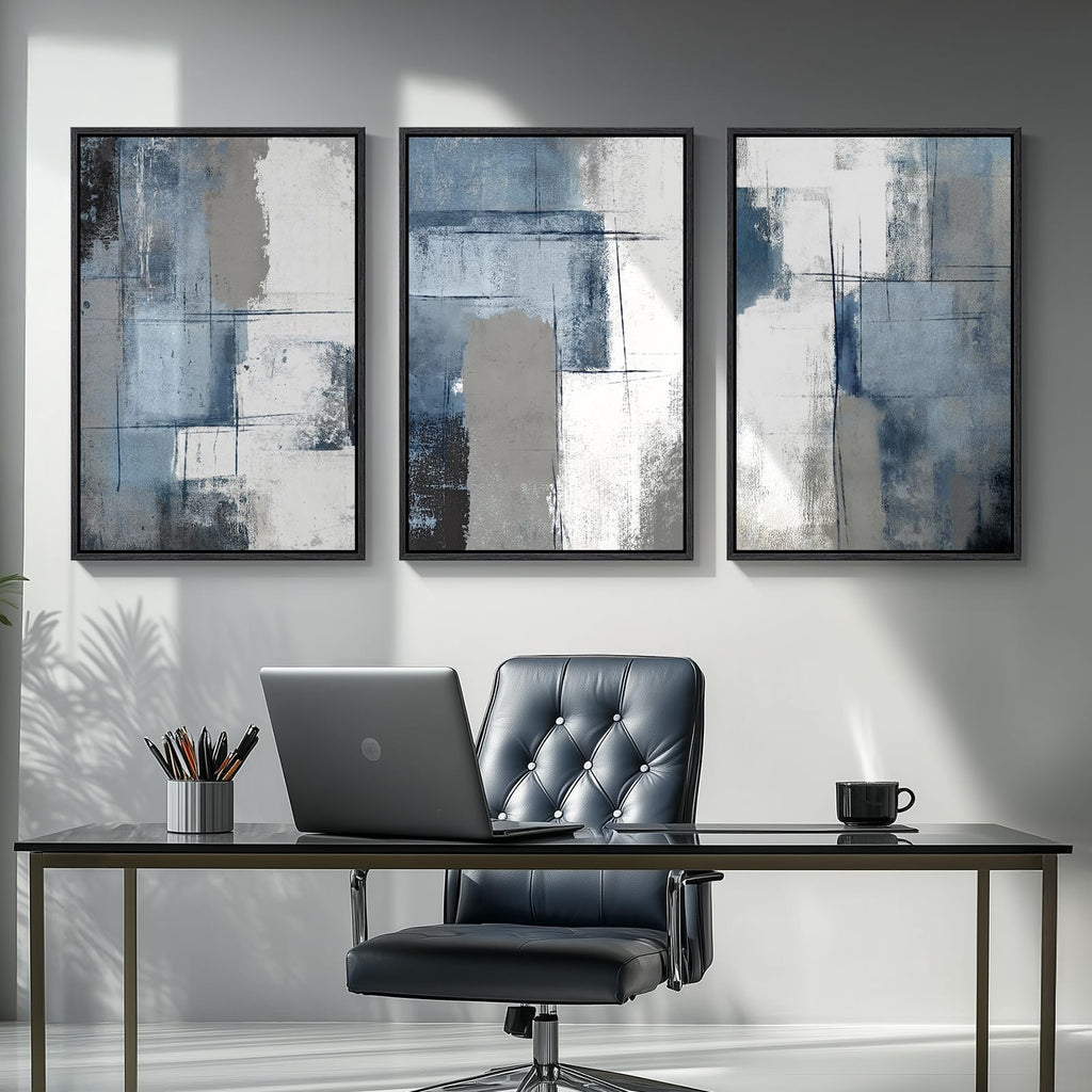 Large Framed Blue and Gray Abstract Wall Art, 3 Piece 24x36