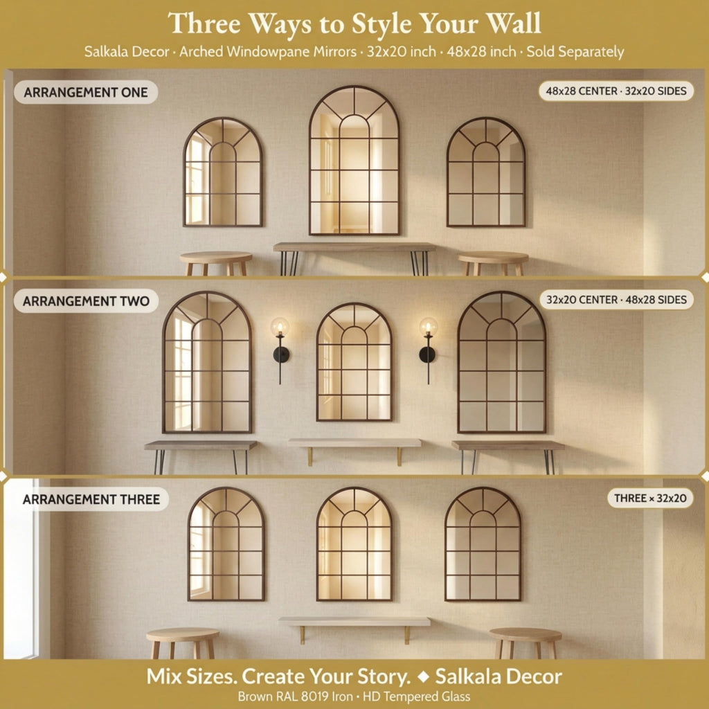 Brown Framed 48x28Inch Arched Window Pane Mirror| Arched Mirrors for Wall & Floor | Arch Mirror Full Length Living