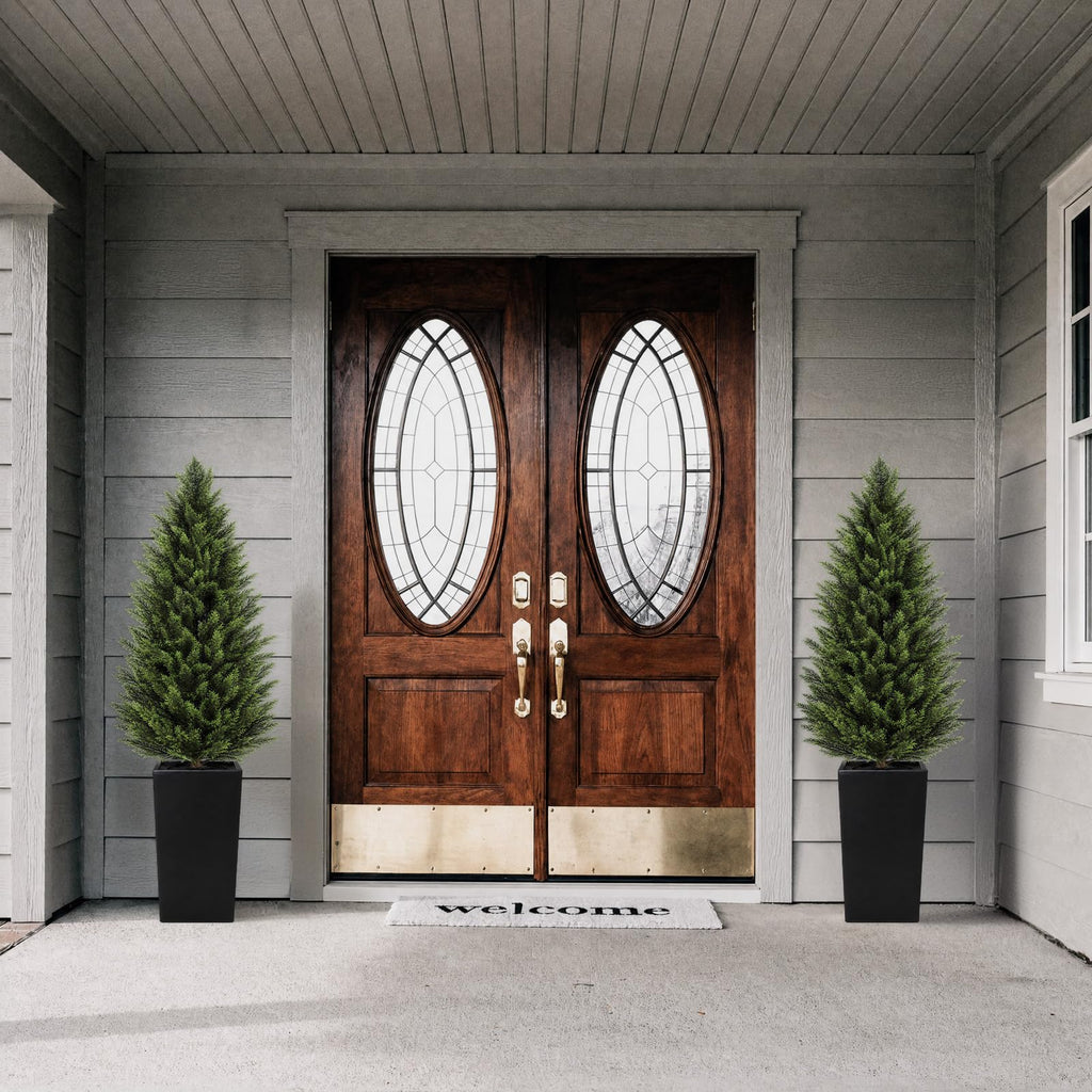 4FT Artificial Cedar Topiary Trees 2 Pack, Faux Cypress Plants with Black Square Planters, UV Resistant Outdoor