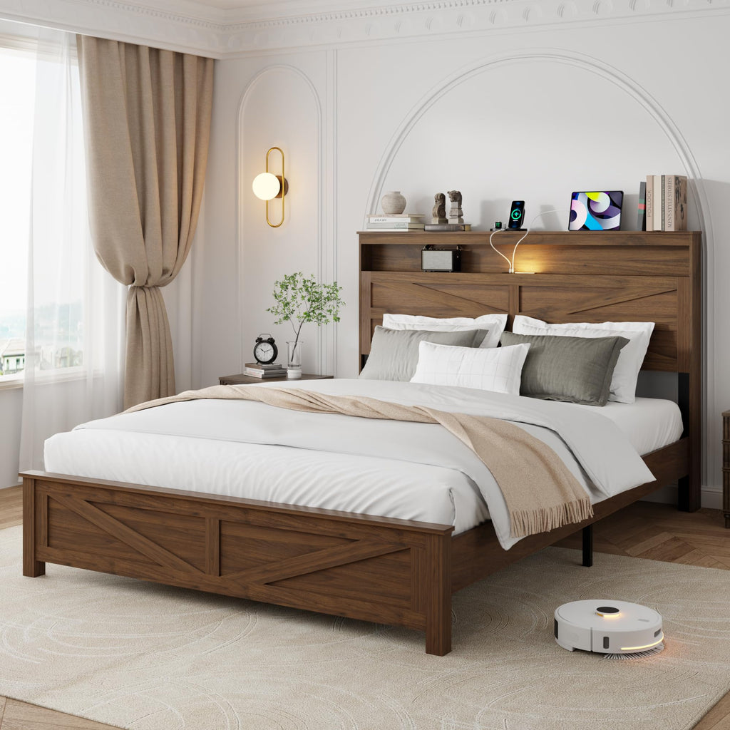 Bed Frame with Headboard, Rustic Farmhouse Wood Bed Frame with LED Lights and Charging Station, Easy