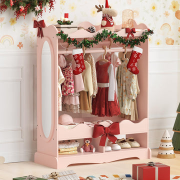 Kids Dress Up Storage with Mirror, Pink Double Rods Girls Wardrobe