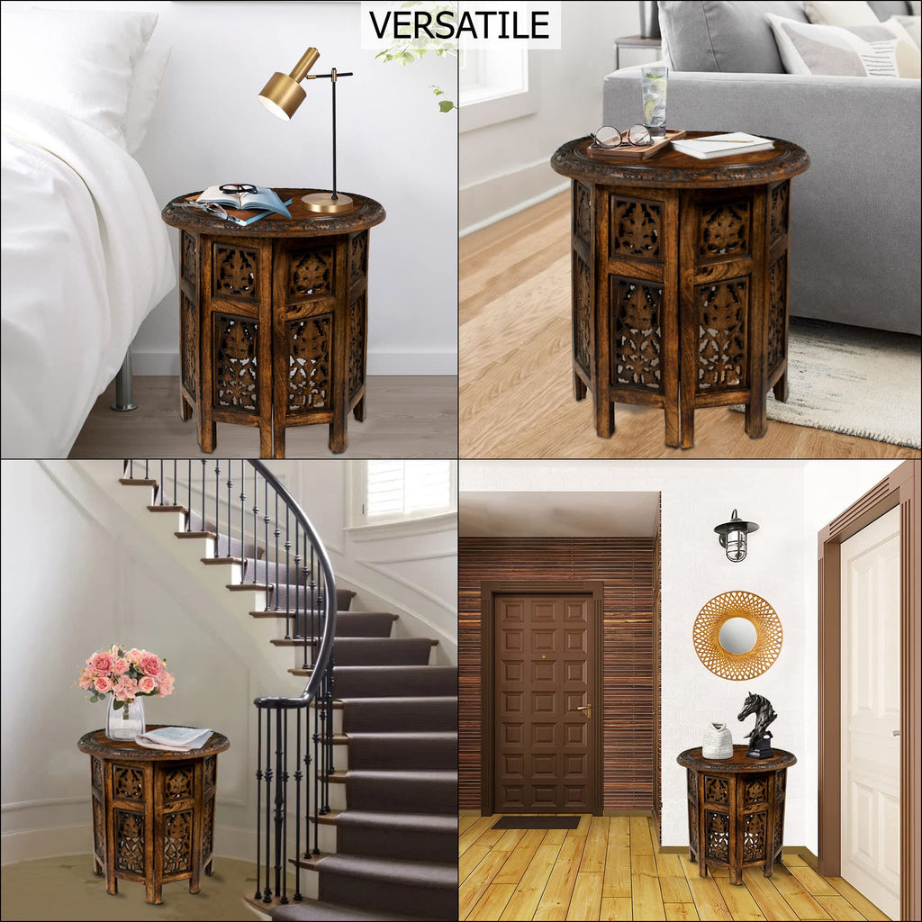 Solid Wood End Table - Hand Carved Folding Accent Side Table