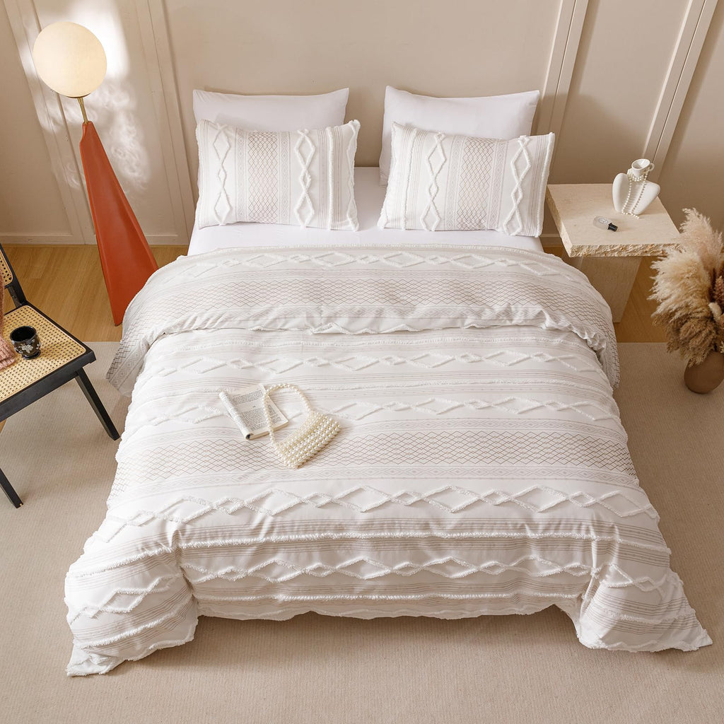 Ivory Boho Comforter Set Queen Mixed Textures Jacquard Bedding Set Durable Chic and Stylish Bedroom Set