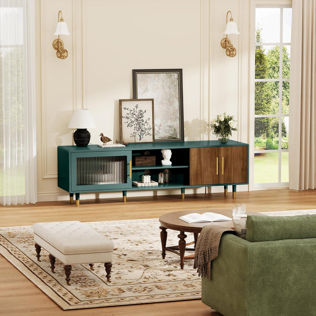TV Stand with Glass Sliding Door, 66" Mid Century Modern TV Cabinet for TVs up to 75 inch, Entertainment Center with