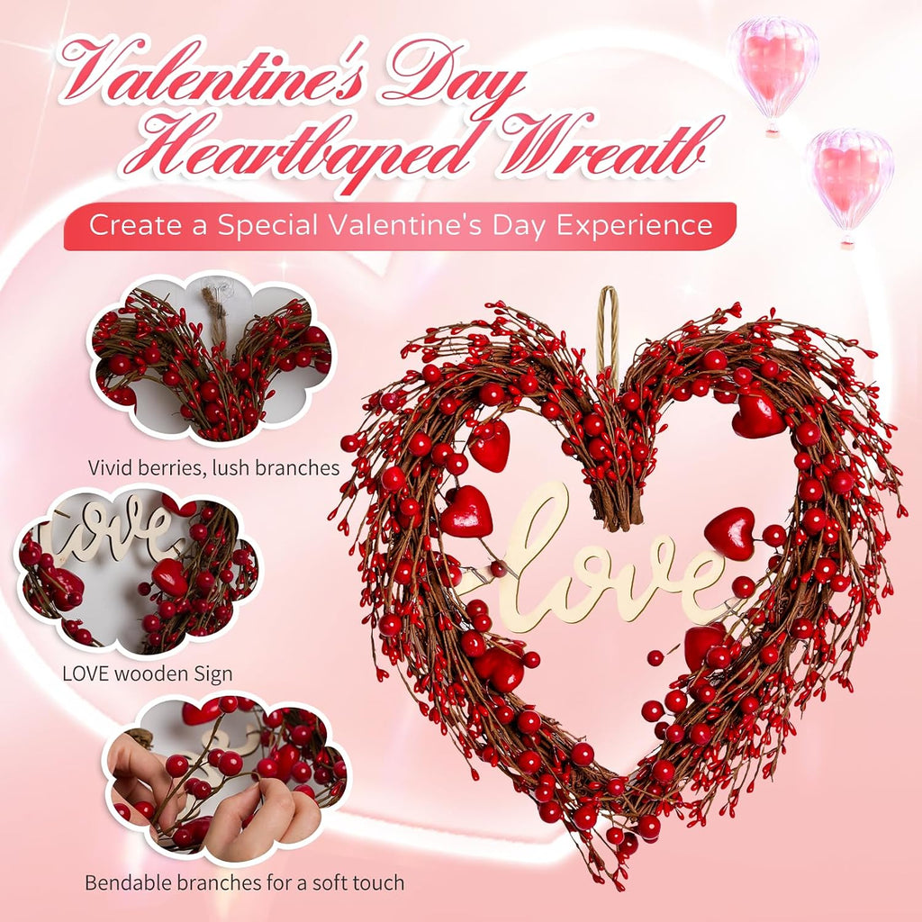 Valentines Day Wreaths for Front Door,14 Inches Artificial Red Berries Valentine Heart Shaped Wreath Decor with Love