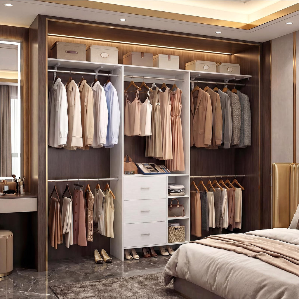 Closet System, Closet Organizer with 3 Wooden Drawers, 8FT Closet Organizer System, 96'' Walk-in Closet Wardrobe