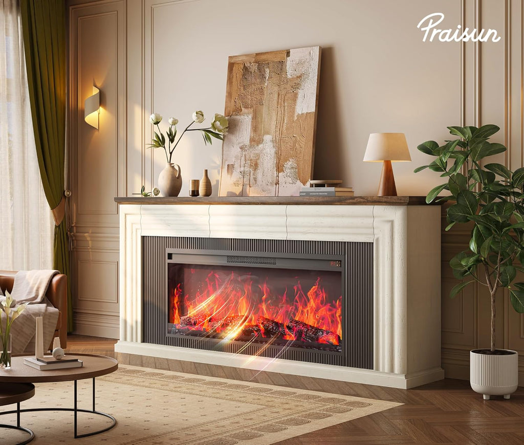 70 Inch Fireplace TV Stand for 75 Inch TV, Farmhouse Modern Entertainment Center with 42" Fireplace, Fluted Design