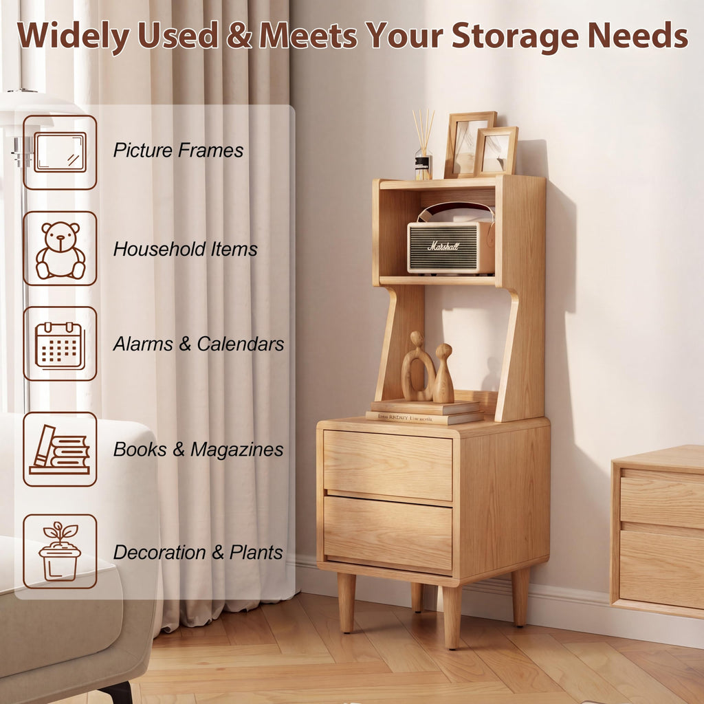 Solid Wood Bookshelf Nightstand Combo, Tall Nightstand with Bookshelf