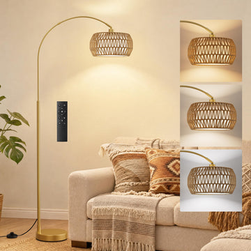 Boho Arc Floor Lamp, Color Temp and Brightness Adjustable, Gold