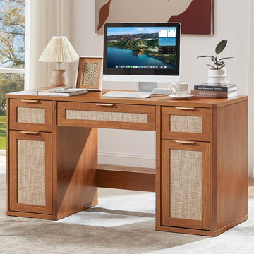 56" Rattan Office Desk with 3 Drawers & 2 File Cabinets, Tea Brown