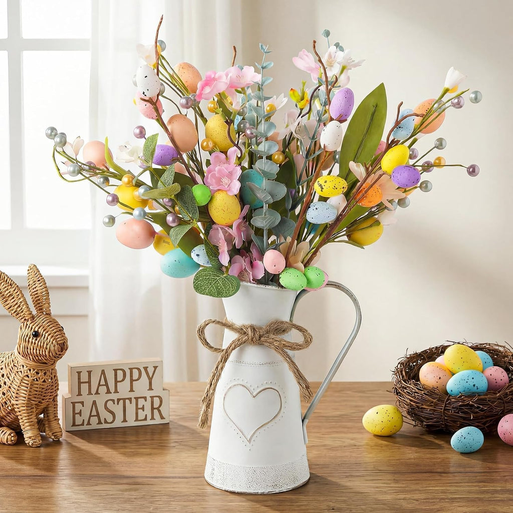 Easter Decorations: Rustic Easter Flowers Artificial Easter Eggs with Metal Pitcher Vase, Table Centerpieces Floral - Set of 17