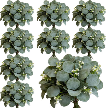 Faux Eucalyptus Leaves Stems Bulk Silver Dollar White Seed Artificial Greenery Stems Fake Sprays Branches - Set of 40
