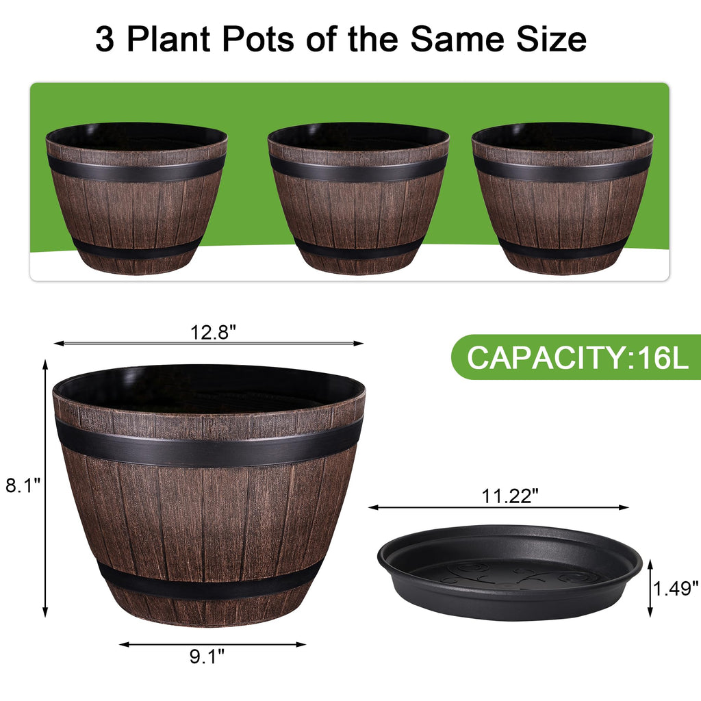 Plant Pots with Drainage Holes & Saucer, 13 Inch Flower Pots with Tray, 3 Pack Plastic Whiskey Barrel Planters for