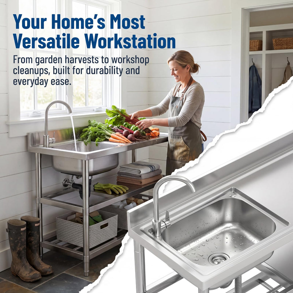 Free Standing Stainless-Steel Single Bowl Commercial Kitchen Sink w/Faucet