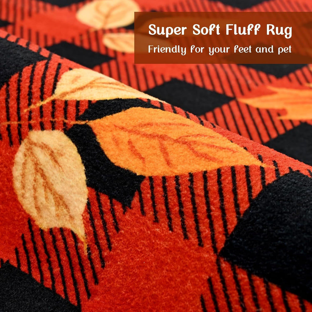 Fall Rug Area Rugs Non Slip Washable Rug Soft Faux Wool Large Rugs Maple Leaves Throw Rugs Vintage Buffalo Plaid