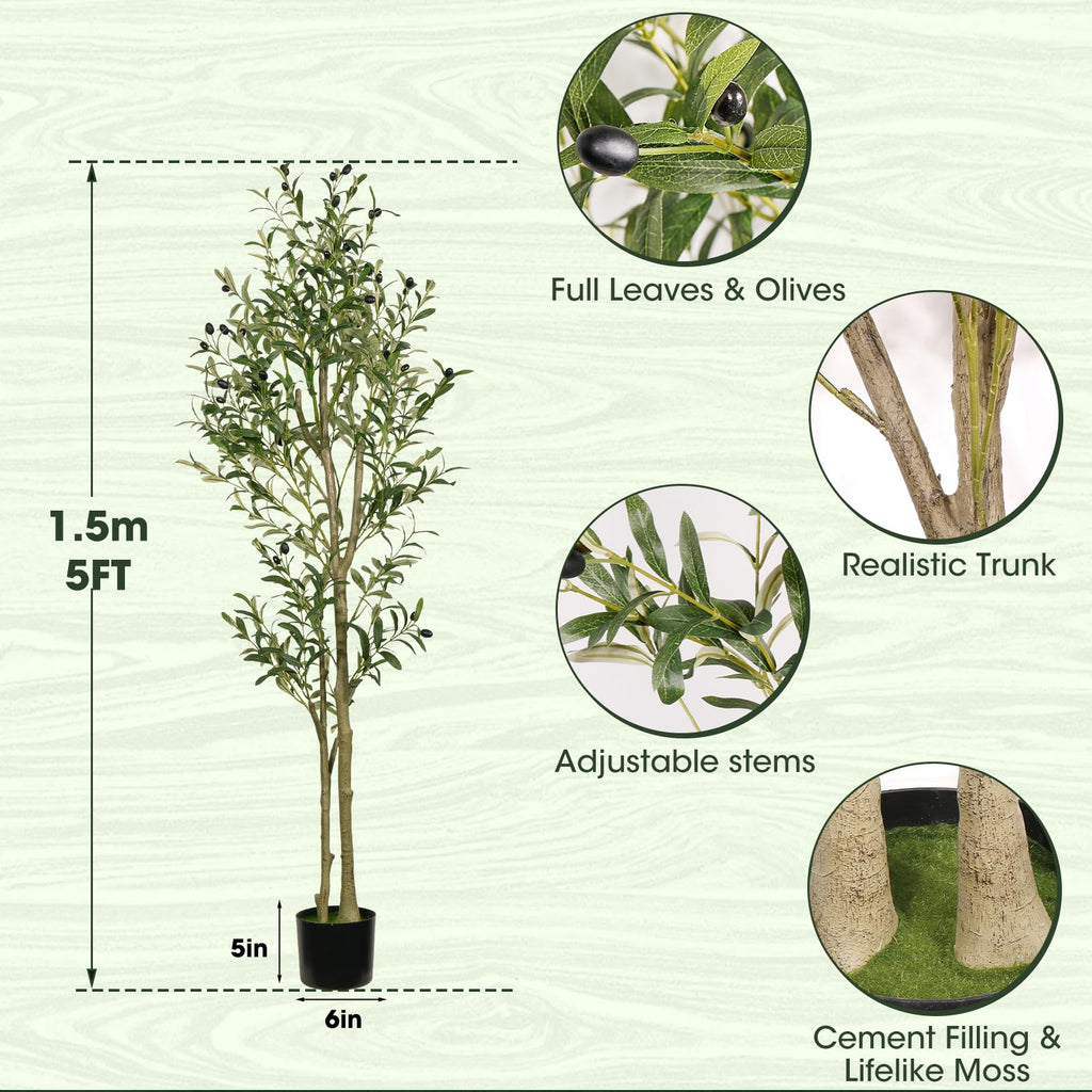 Artificial Olive Tree 5ft Tall Olive Trees Artificial Indoor Faux Olive Tree Indoor with Olive Branches and Black