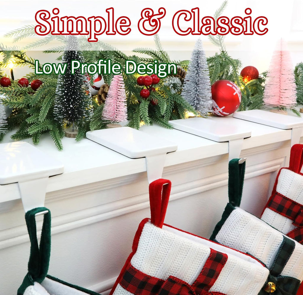 Christmas Stocking Holders for Mantle, Set of 6 White Heavy Duty Cast Iron Stocking Hangers Base, Low Profile